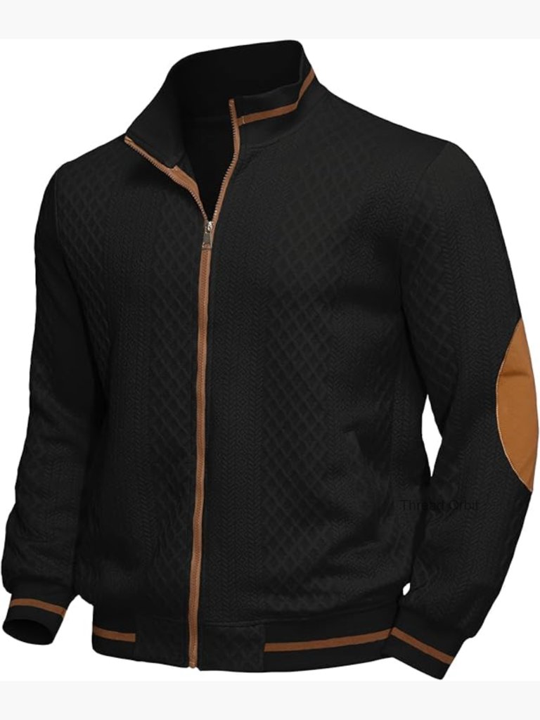 Men's Jacquard Full Zip Bomber Jacket Stand Collar Lightweight Varsity Coat